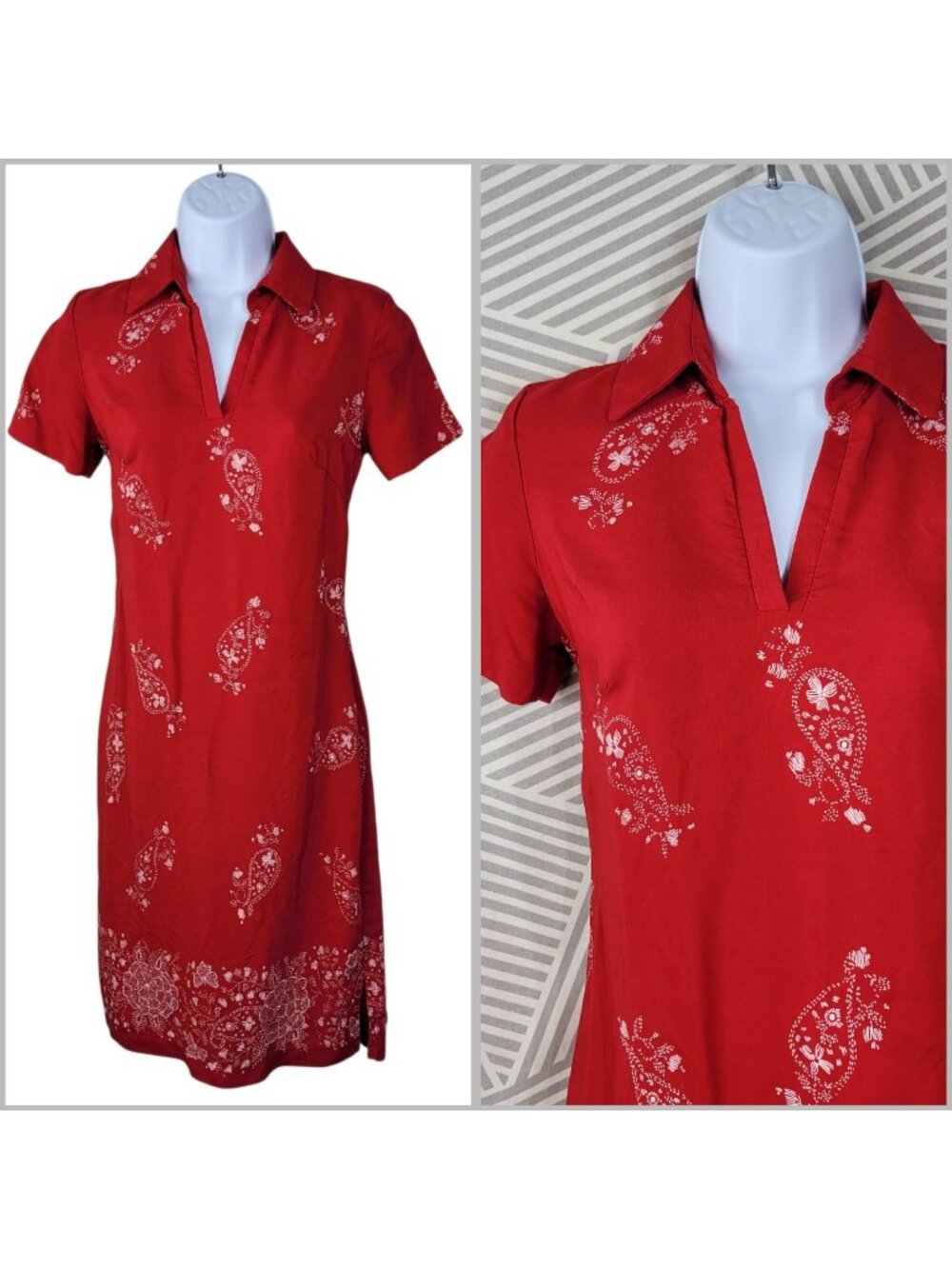 Coldwater Creek Shirt Dress XS Petite Red Floral Handkerchief Print Polo Collar